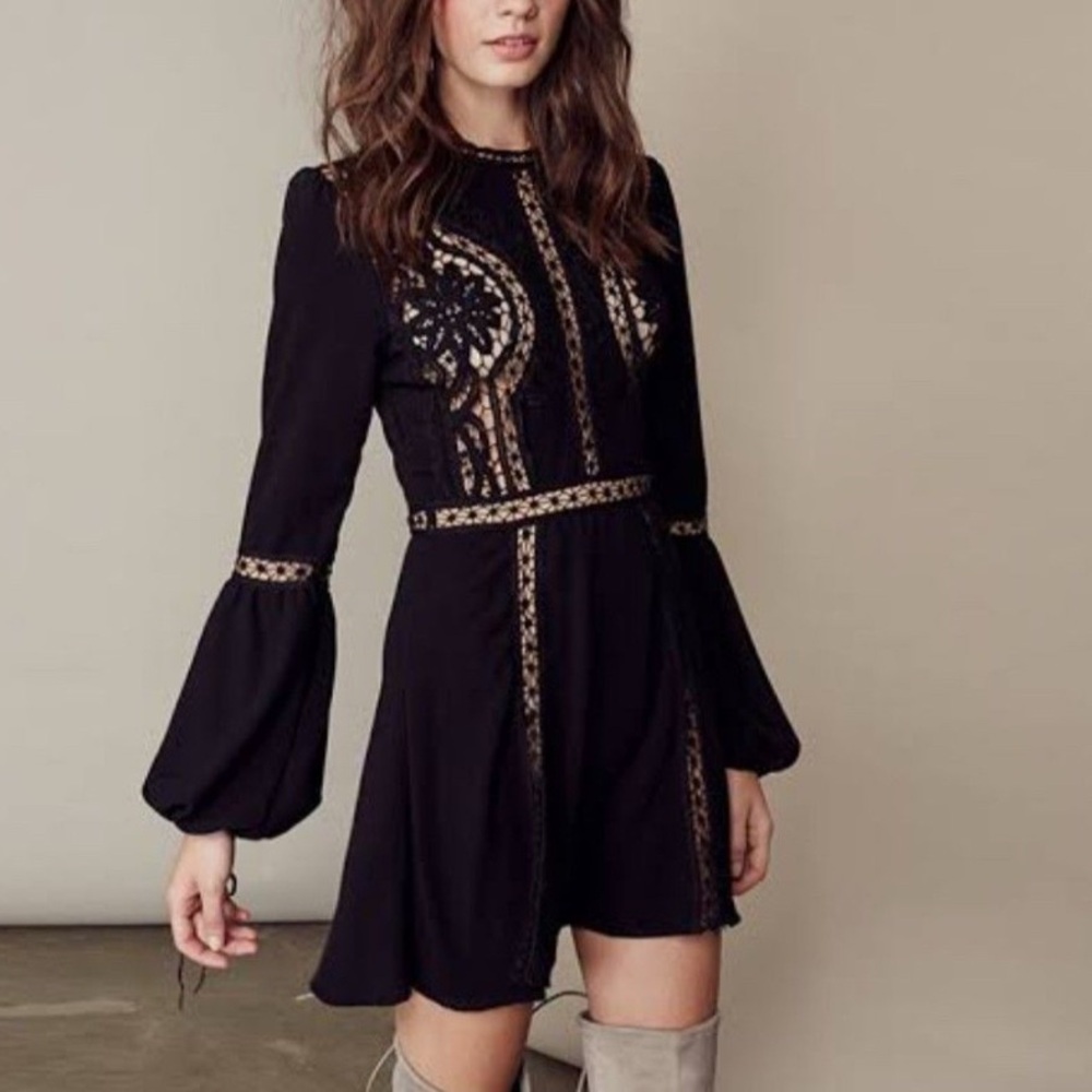 FL&L Elegant Bell Sleeve Mini Black Lace Dress